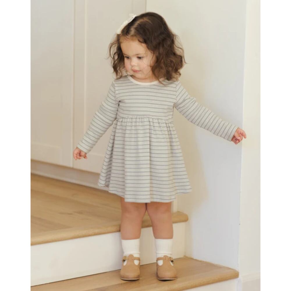 Quincy Mae Ribbed Long Sleeve Dress Steel Blue Micro Stripe